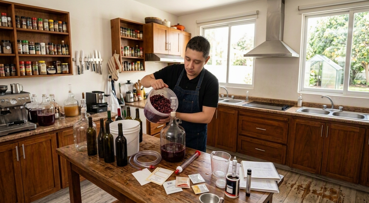 Carlos Ocampo preparing a homemade wine batch for MakeWineLab