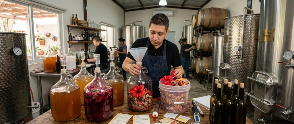 Dried hibiscus flowers and glass carboy used for specialty wine fermentation -- MakeWineLab.