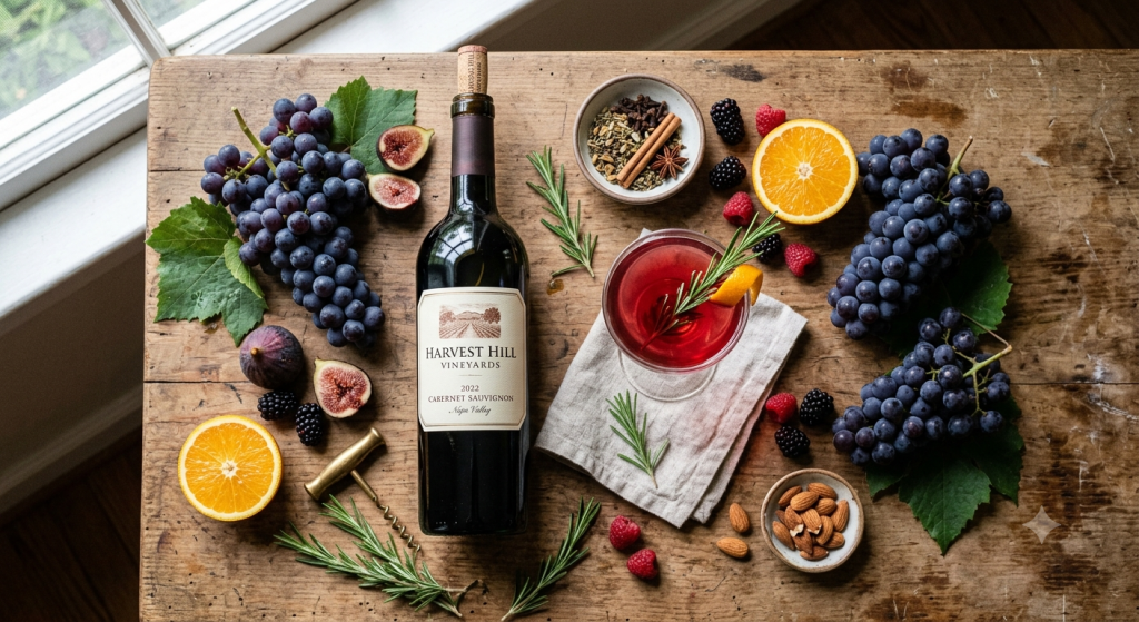 Wine cocktails made at home. A flat-lay of a wine bottle with fresh seasonal fruit and a cocktail glass.
